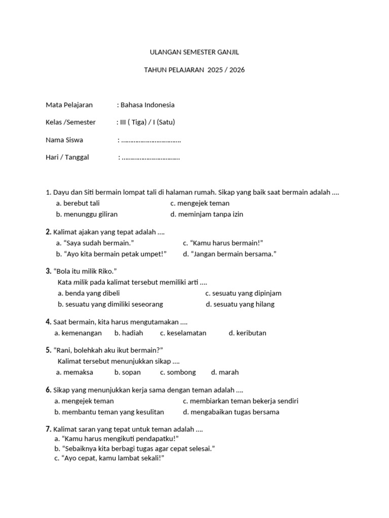 Soal Bhs Indinesia Kelas 3 PDF