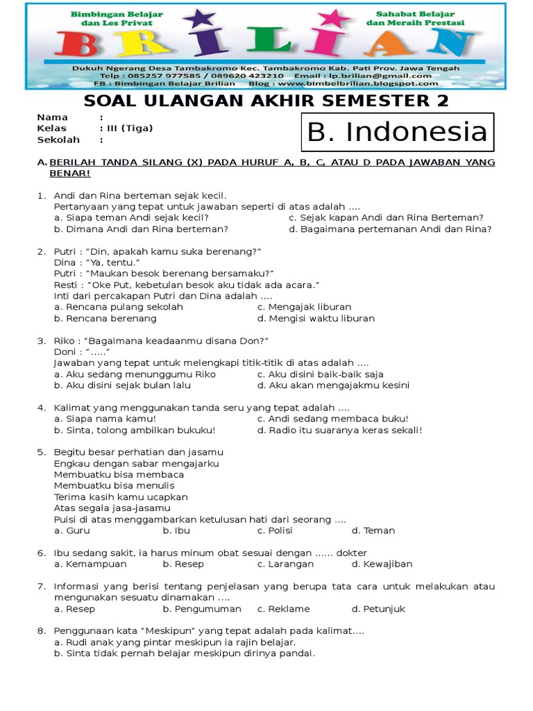 contoh soal bahasa indinesia kelas 3 sd
