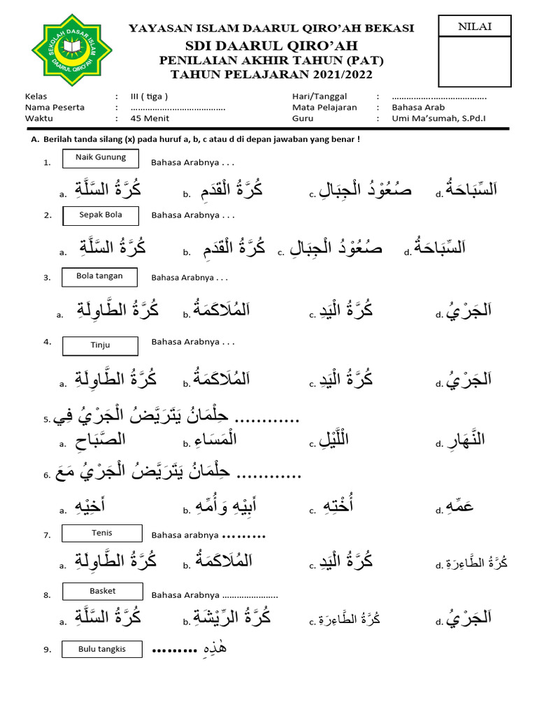 10 Contoh Soal Bahasa Arab SD Kelas 3 dan Kuncinya yang Sering Keluar Saat Ujian 2026 10 Contoh Soal Bahasa Arab SD Kelas 3 dan Kuncinya yang Sering Keluar Saat Ujian 2026