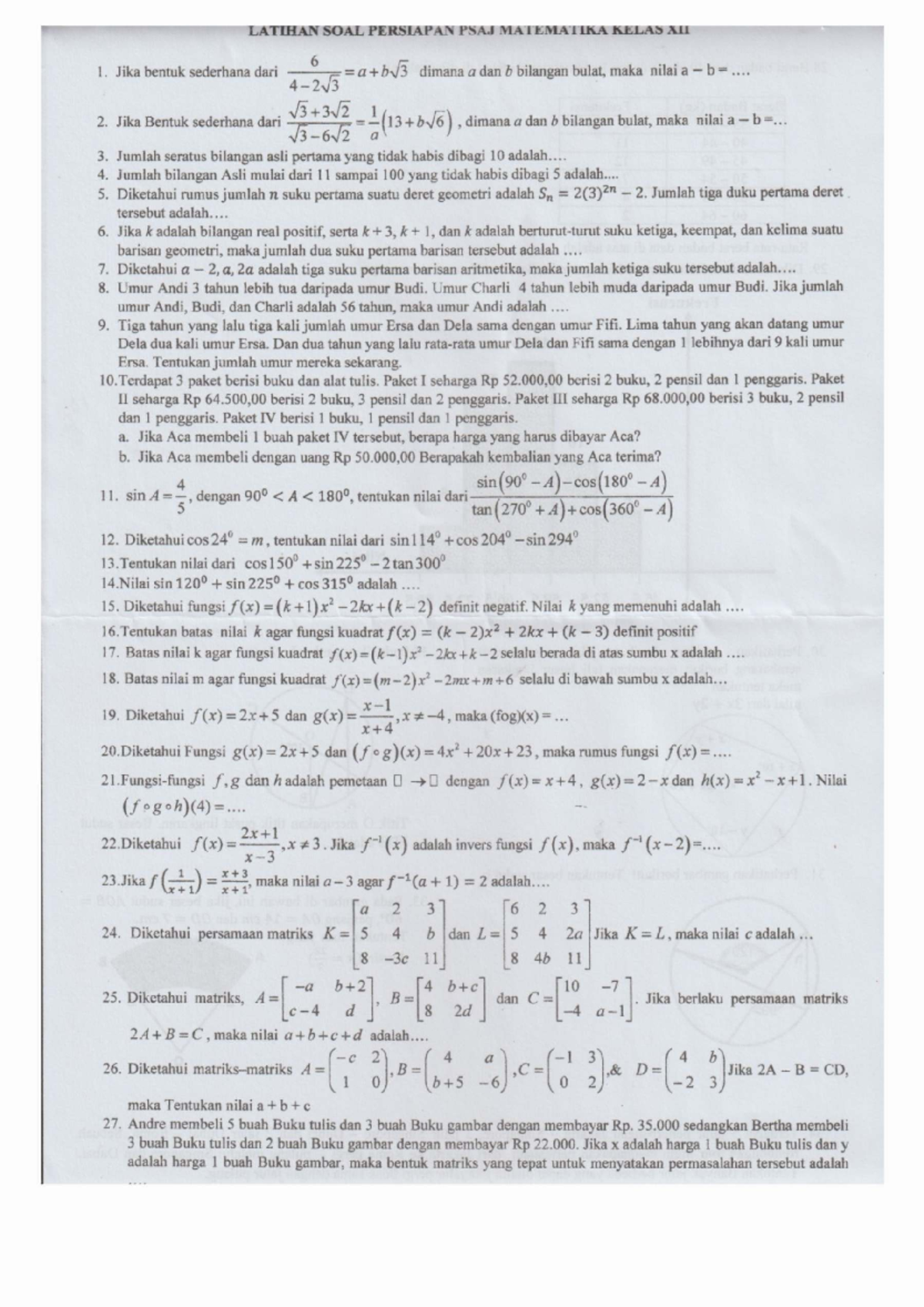 Latihan Soal US Matematika Kelas XII 260303 181237 - Studocu